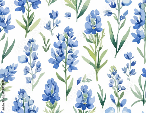 A delicate watercolor illustration showcasing vibrant blue bonnets in their full bloom, portraying nature's beauty and meticulous artistry over a white background