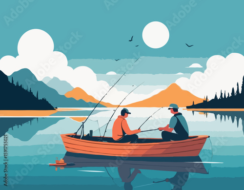 Fishing on the lake. Father and son go fishing while sitting in boat