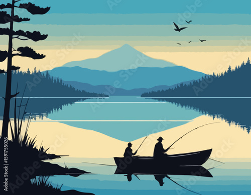 Fishing on the lake. Father and son go fishing while sitting in boat