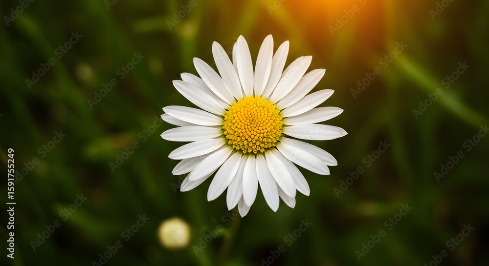 Fototapeta premium White Petaled Daisy Flower with Yellow Center Blooming in Green Field
