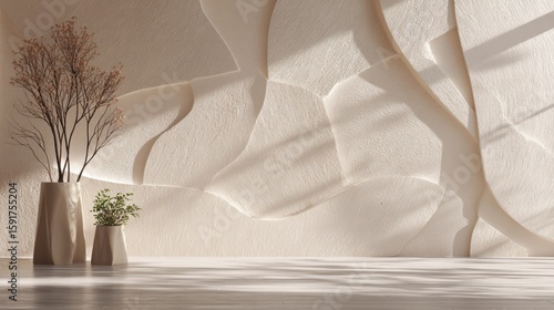 Minimalist interior with textured beige wall featuring abstract patterns and two modern vases holding dried and fresh plants on a smooth wooden floor.