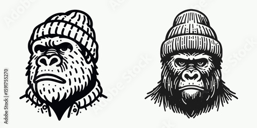 A Gorilla wear Beanie hat. Minimal Cartoon Animal Clipart Silhouette Vector Line Art Illustration. Primate with head covering winter apparel wool cap ape in headgear.