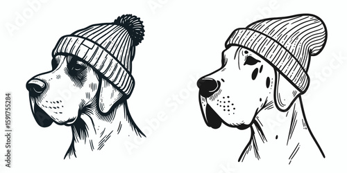 A Great Dane Dog wear Beanie hat. Minimal Cartoon Animal Clipart Silhouette Vector Line Art Illustration. Large canine with headgear cool knit cap for big hound pet apparel.