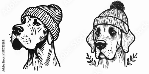 A Great Dane Dog wear Beanie hat. Minimal Cartoon Animal Clipart Silhouette Vector Line Art Illustration. Large hound sporting winter headgear canine in knit cap pet apparel.