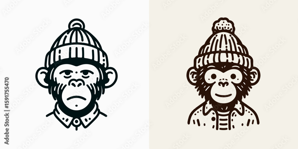Obraz premium A Monkey wear Beanie hat. Minimal Cartoon Animal Clipart Silhouette Vector Line Art Illustration. Ape with knit head covering wool cap on primate headgear.