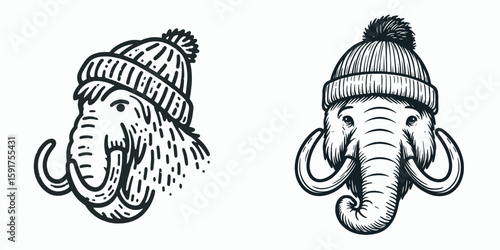 A Mammoth wear Beanie hat. Minimal Cartoon Animal Clipart Silhouette Vector Line Art Illustration. Gigantic woolly elephant in headgear warm winter cap apparel.