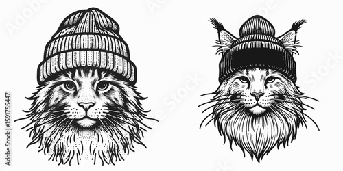 A Maine Coon Cat wear Beanie hat. Minimal Cartoon Animal Clipart Silhouette Vector Line Art Illustration. Big feline sporting knit head covering cool domestic longhair pet in headgear.
