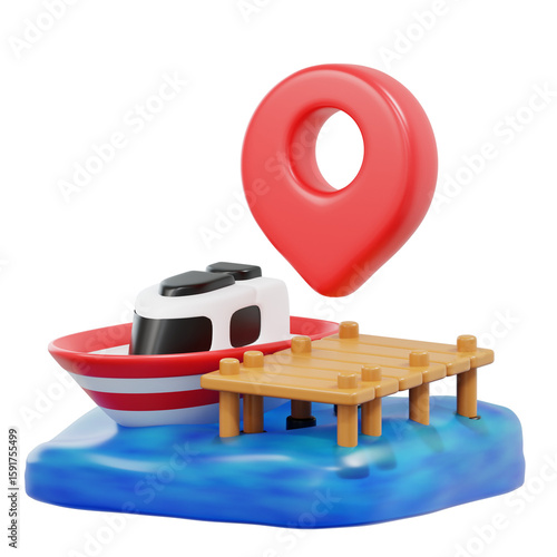 A 3D boat at a dock with a large location pin, suitable for travel, maritime, or navigation themes.