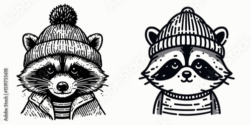 A Raccoon wear Beanie hat. Minimal Cartoon Animal Clipart Silhouette Vector Line Art Illustration. Critter in knit cap headgear on masked bandit with warm head covering.