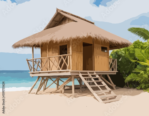 Beach shack house, Hawaiian bamboo hut bar surfboard, vector surfing bungalow, tropical plants. Summer cartoon island building, exotic vacation camping straw roof. Beach shack seashore sand clipart