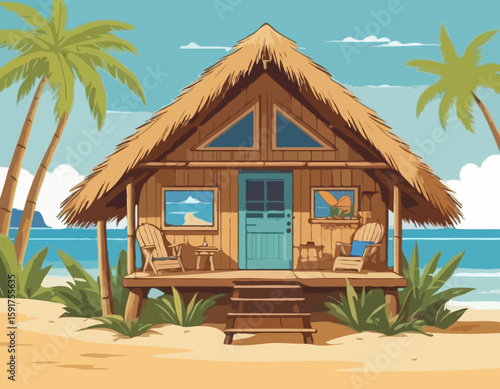 Beach shack house, Hawaiian bamboo hut bar surfboard, vector surfing bungalow, tropical plants. Summer cartoon island building, exotic vacation camping straw roof. Beach shack seashore sand clipart