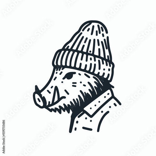 A boar wear Beanie hat. Minimal Cartoon Animal Clipart Silhouette Vector Line Art Illustration. Wild pig don knit cap headgear cute vogue outdoor style.