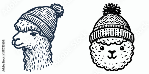 A Alpaca wear Beanie hat. Minimal Cartoon Animal Clipart Silhouette Vector Line Art Illustration. Charming in knitted head warmer cool headgear option.