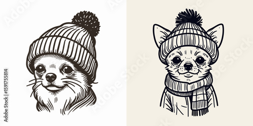 A Chihuahua Dog wear Beanie hat. Minimal Cartoon Animal Clipart Silhouette Vector Line Art Illustration. Small canine in knit head covering tiny pooch with warm winter apparel.