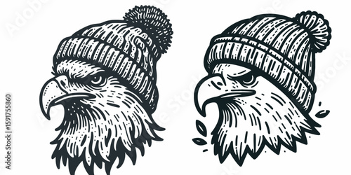 A Eagle wear Beanie hat. Minimal Cartoon Animal Clipart Silhouette Vector Line Art Illustration. Bird in knit head covering avian winter apparel headgear concept.