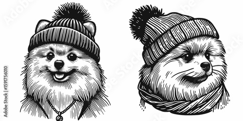 A Pomeranian Dog wear Beanie hat. Minimal Cartoon Animal Clipart Silhouette Vector Line Art Illustration. Fluffy canine in knit headgear small spitz breed with woolen head covering.