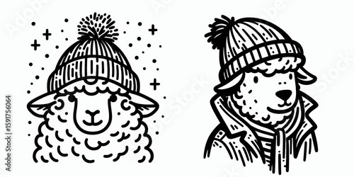 A Sheep wear Beanie hat. Minimal Cartoon Animal Clipart Silhouette Vector Line Art Illustration. Wooly in knit head covering cute farm creature attire concept.
