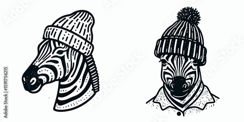 A Zebra wear Beanie hat. Minimal Cartoon Animal Clipart Silhouette Vector Line Art Illustration. Striped equine in knitted head covering winter apparel theme.