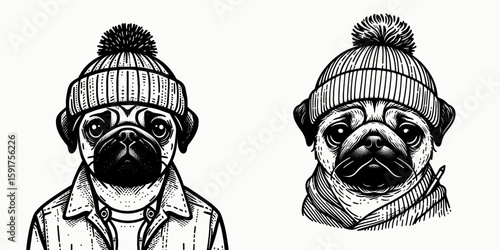 A Pug Dog wear Beanie hat. Minimal Cartoon Animal Clipart Silhouette Vector Line Art Illustration. Canine in headgear comical cute puppy with winter head covering.