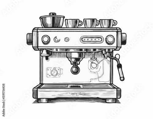 A black and white hand-drawn artistic representation of an espresso machine, featuring knobs and gauges. The detailed illustration showcases the mechanical design of the machine.