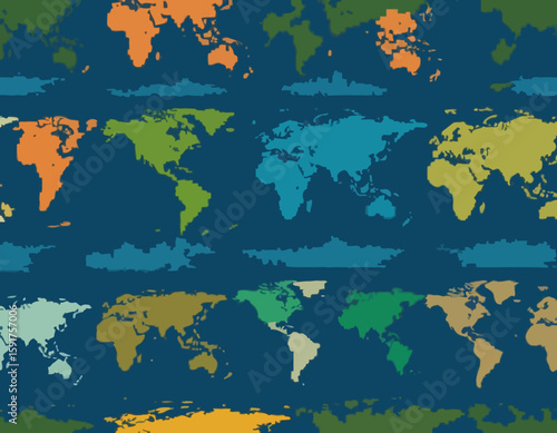 Pixel Earth. Globe world map in color and silhouette pixel art 8 bit style, oceans and continents. Earth planet for retro game and eco concept. Vector isolated icons