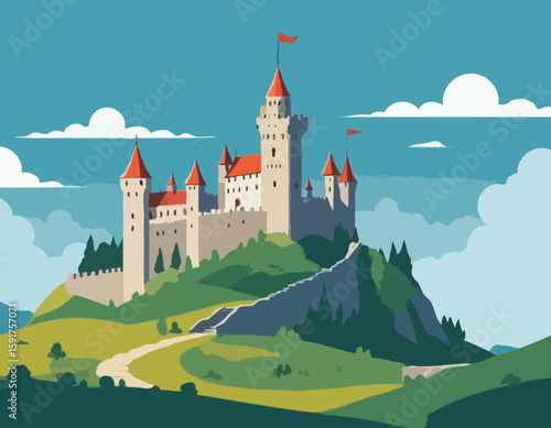 Great Medieval Castle On The Hill Landscape
