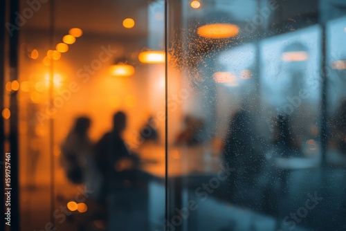 Blurred Business Meeting Room Through Glass Door At Night