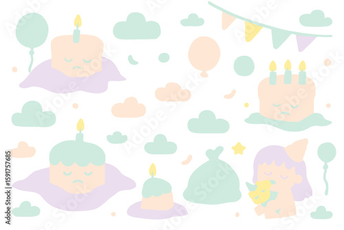 Whimsical pastel illustration featuring sad birthday cakes, floating clouds, and a melancholic girl, evoking a soft, muted emotional tone.