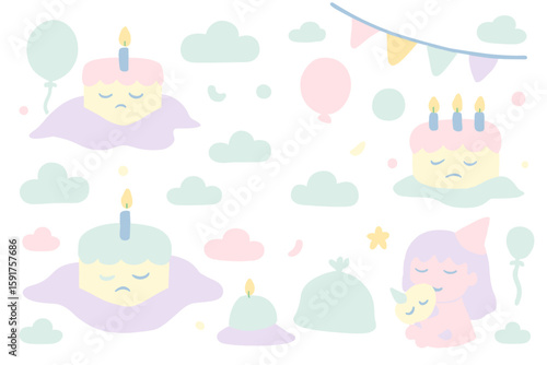 A whimsical illustration depicts a sad-faced birthday cake with lit candles, surrounded by pastel clouds, balloons, and a girl with a cat, creating a melancholic celebration.