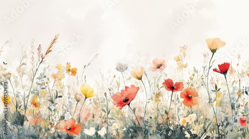 Fototapeta Naklejka Na Ścianę i Meble -  Beautiful seamless floral water color pattern Set, watercolor wild flowers, leaves and grass,Collection botanic garden elements. Vector isolated illustration in rustic or vintage style,copy space.