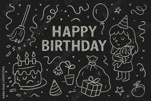 A whimsical chalk-style illustration on a dark background features a 'Happy Birthday' message surrounded by quirky, melancholic party elements.