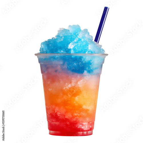 A brightly colored drink with a straw presenting a refreshing slush ice in a clear cup captured in high fidelity for a vibrant