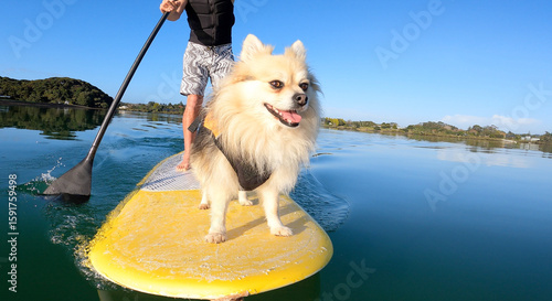 Happy dog enjoying ride on paddleboard 