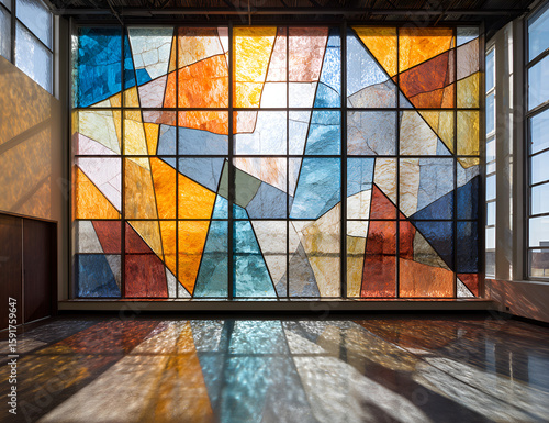 Large Stained Glass Window with Geometric Multicolor Panels and Metal Frame.