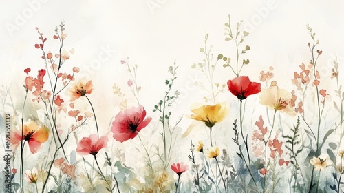 Fototapeta Naklejka Na Ścianę i Meble -  Beautiful seamless floral water color pattern Set, watercolor wild flowers, leaves and grass,Collection botanic garden elements. Vector isolated illustration in rustic or vintage style,copy space.