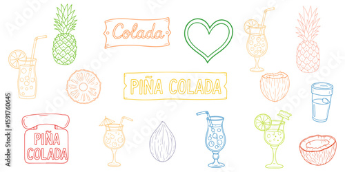 Colorful Hand-Drawn Piña Colada Cocktail Vector Set with Pineapples, Coconuts, Tropical Drinks, and Summer Party Elements