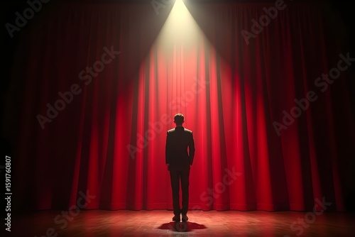 A silhouette of a person standing under dramatic spotlight, conveying a sense of contemplation and solitude.