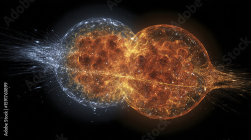 Neutron star merger simulation showing two dense stars colliding with shock waves and glowing plasma in space, creating dynamic cosmic explosion effect
