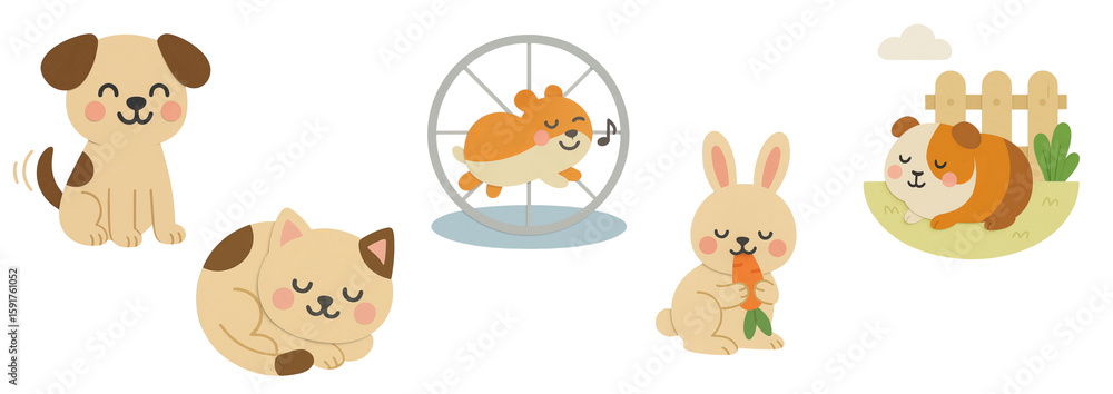 Obraz premium Cute domestic animals collection in paper cut style, including dog, cat, hamster, rabbit, and guinea pig. Playful and sleeping pets. Transparent background.