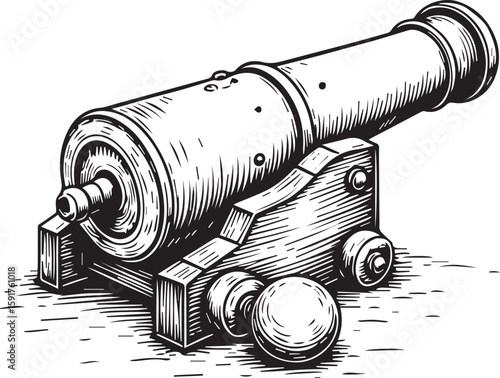 Vintage Cannon Illustration: A detailed monochrome illustration showcases a vintage cannon, complete with its carriage and a cannonball.