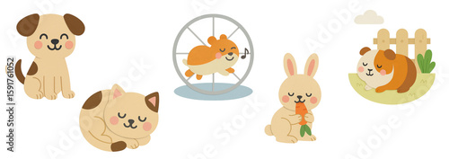 Cute domestic animals collection in paper cut style, including dog, cat, hamster, rabbit, and guinea pig. Playful and sleeping pets. Transparent background.