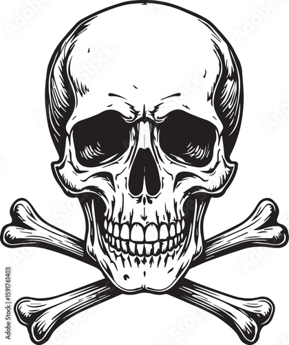 Intricate Skull and Crossbones: A detailed monochrome depiction of a human skull juxtaposed with crossed bones, embodying themes of mortality and danger, rendered with meticulous artistry.