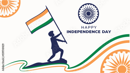 Silhouette of person raising flag with circular designs on white backdrop