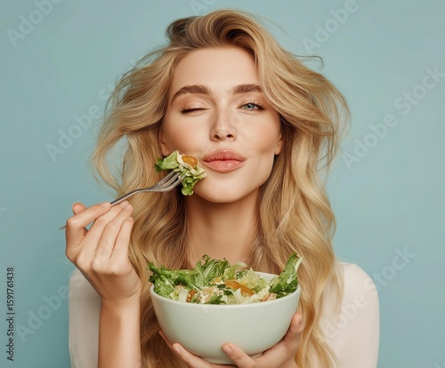 A joyful woman enjoying a fresh salad, embodying a healthy lifestyle and vibrant eating habits.