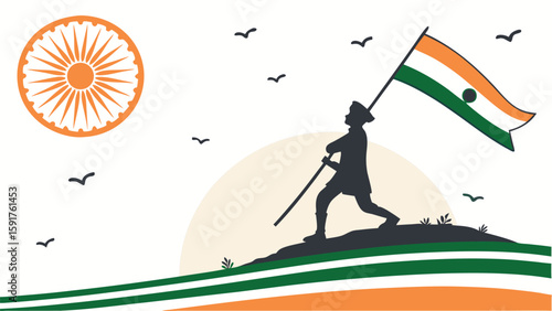 Silhouette person carrying flag on hilltop