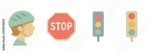 Paper-cut style set of traffic safety elements including a child with helmet, two traffic lights, and a stop sign – transparent background.