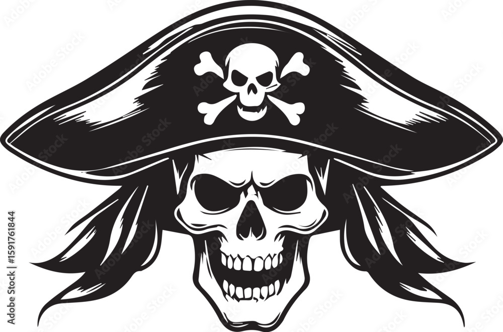 Fototapeta premium Sinister Pirate's Mark: A fearsome emblem of a pirate skull, etched in stark monochrome, adorned with a quintessential hat of the high seas, a potent symbol of adventure and defiance.