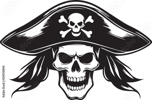 Sinister Pirate's Mark: A fearsome emblem of a pirate skull, etched in stark monochrome, adorned with a quintessential hat of the high seas, a potent symbol of adventure and defiance.