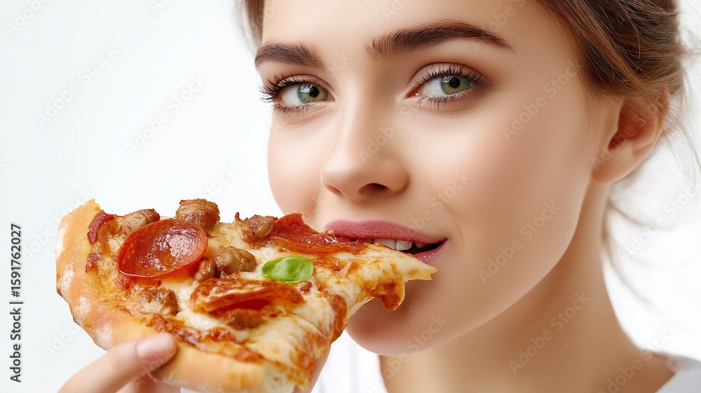 A young woman enjoys a delicious slice of pizza, showcasing a delightful blend of toppings and happiness. A young woman enjoys a delicious slice of pizza, showcasing a delightful blend of toppings and happiness.