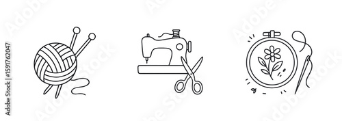 Set of black line art illustrations of yarn with knitting needles, sewing machine with scissors, and embroidery hoop with needle and flower – transparent background.